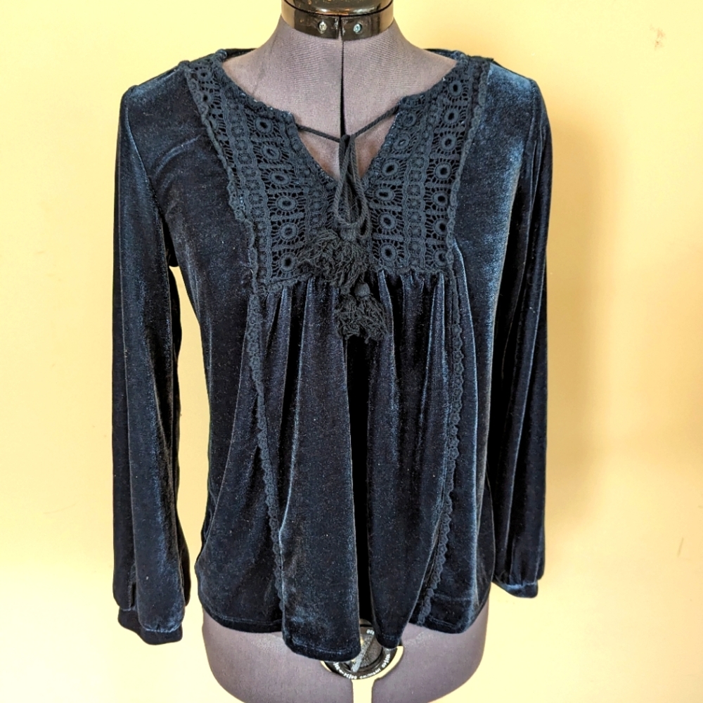 Peasant Blouse Velvet Crochet Tassels Tie Sleeves Cuff reCreation Blue